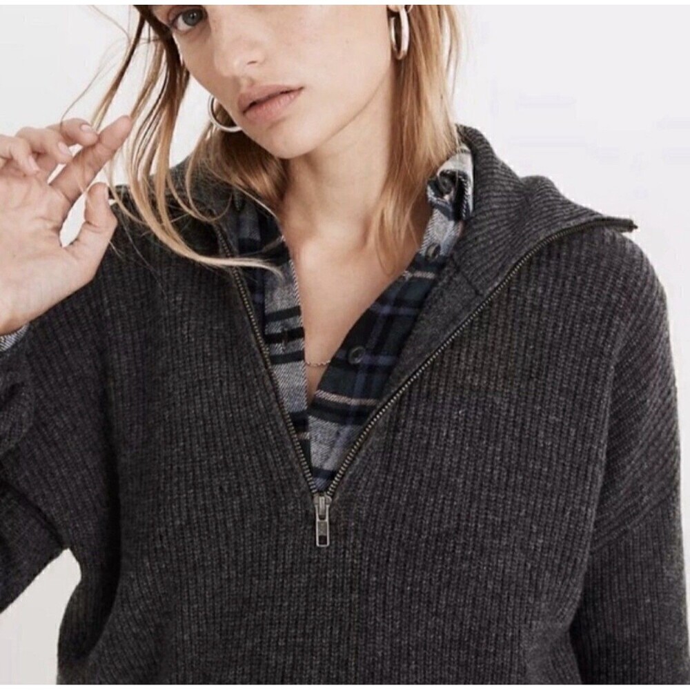 Madewell Merino Wool Blend Half Zip Sweater Gray Pocket Pullover Womens Small - Picture 2 of 10